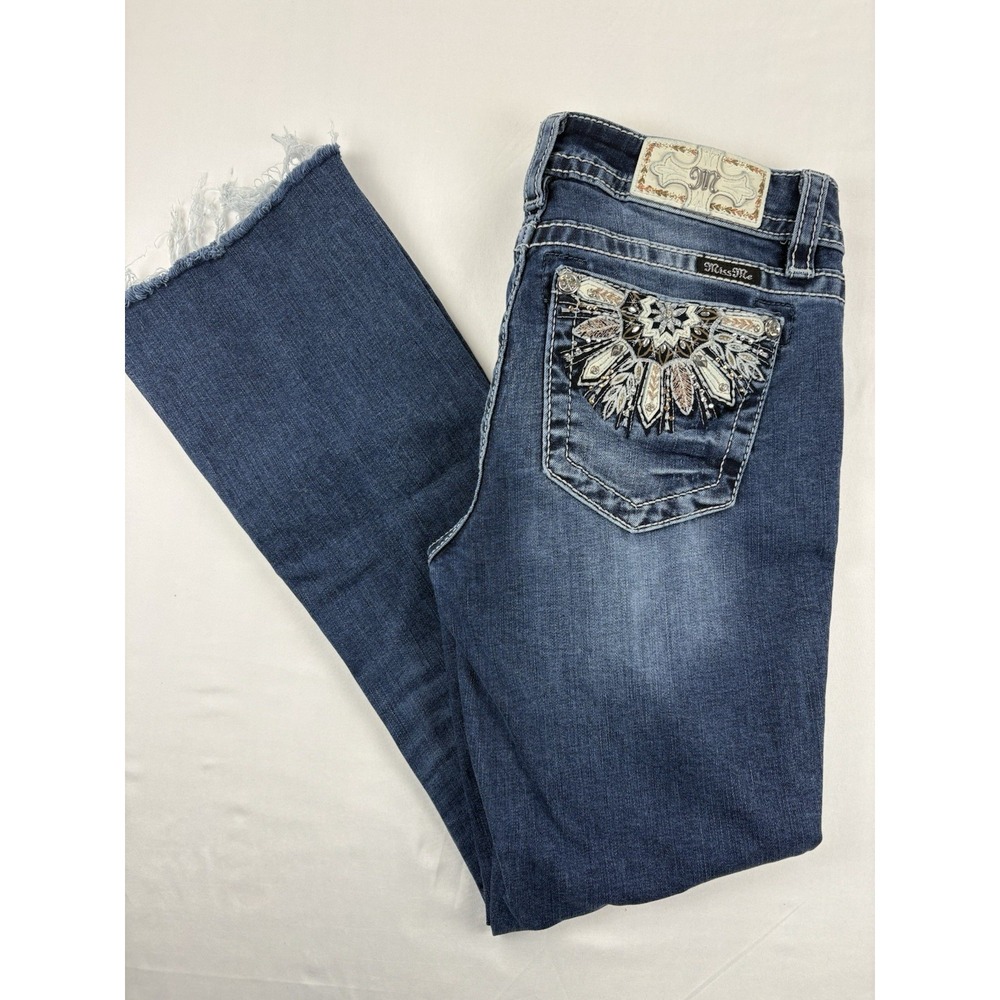 Miss Me Chloe Boot Jeans Mid Rise Bootcut Rhinestone Feather Pockets Women's 27